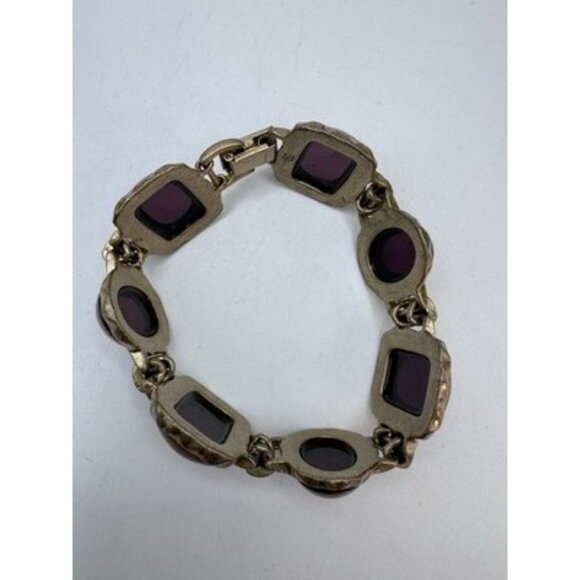 LIZ CLAIBORNE Signed LS Purple Glass Cabochons Two Gold Tone Wide Bracelet VTG - Picture 8 of 13